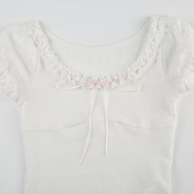 Lace Trim Cute Bow Cropped Top