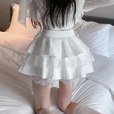 Lace Double Layer Ruffle Mini Skirt