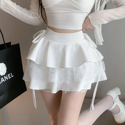 Lace Double Layer Ruffle Mini Skirt