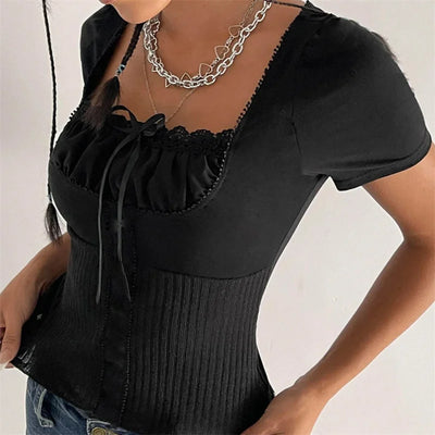 Lace Trim Square Collar Short Sleeve T Shirt