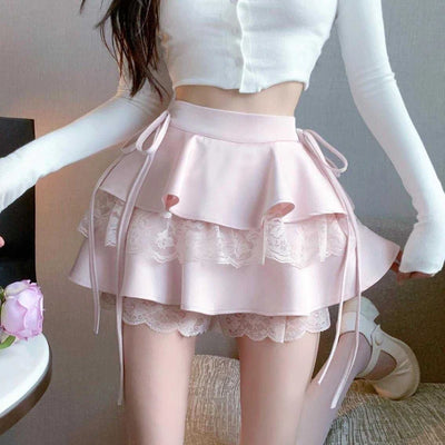 Lace Double Layer Ruffle Mini Skirt