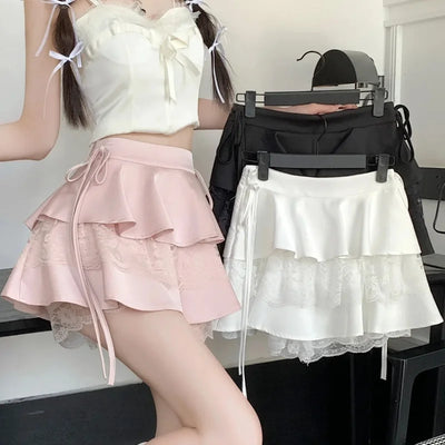 Lace Double Layer Ruffle Mini Skirt