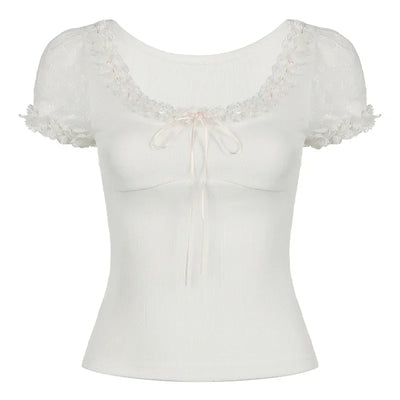 Lace Trim Cute Bow Cropped Top