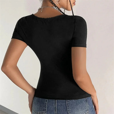 Lace Trim Square Collar Short Sleeve T Shirt